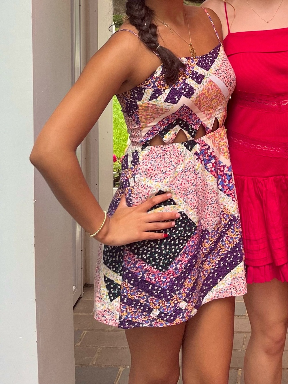 H&M Patchwork Floral Cutout Mini Dress - Pink & Purple